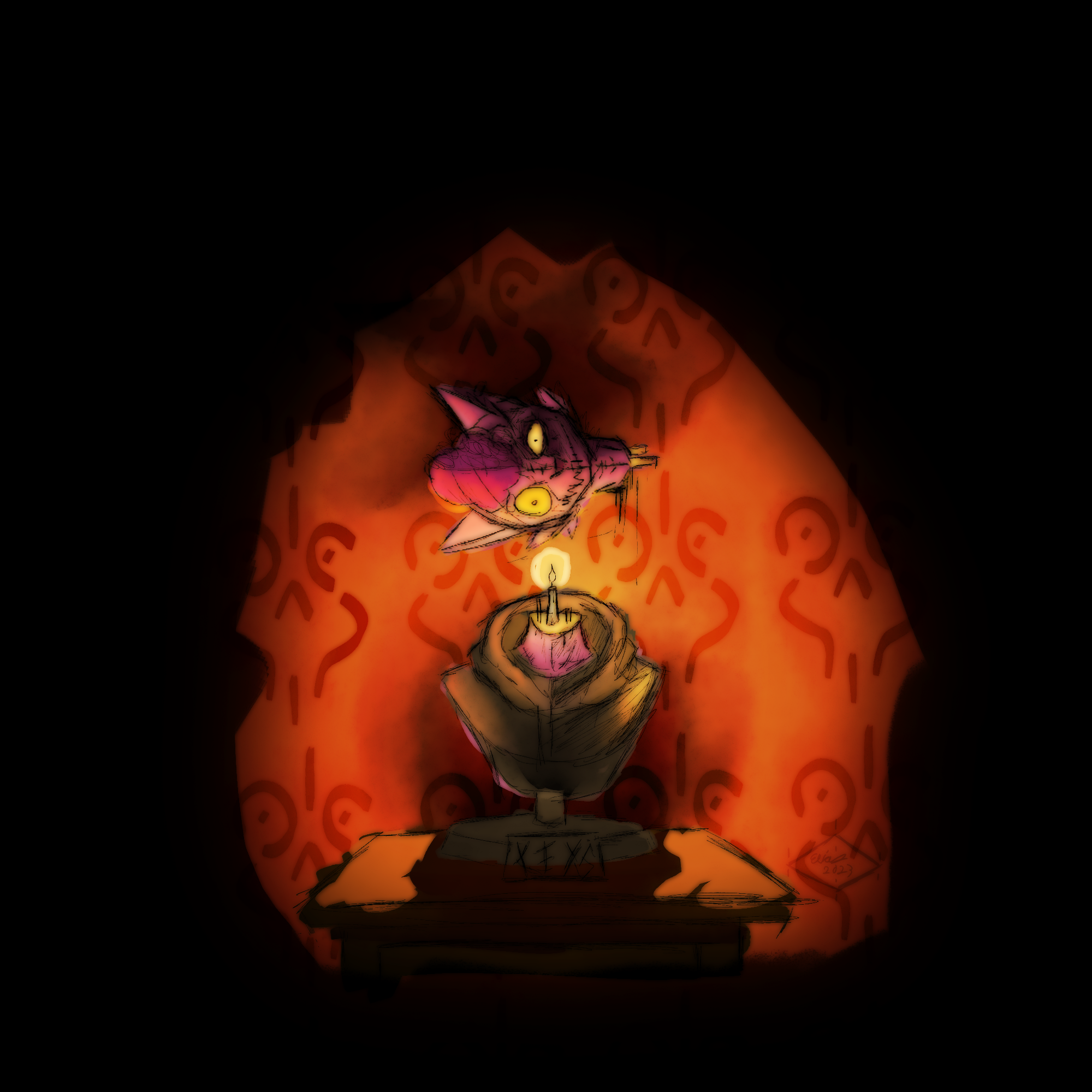 a character bust witht eh head floating above it and a candle sticking out of the neck